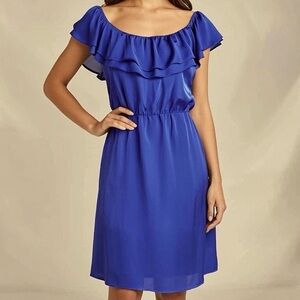 5/48 100% silk royal blue/purple mini dress with ruffle neckline & shoulders